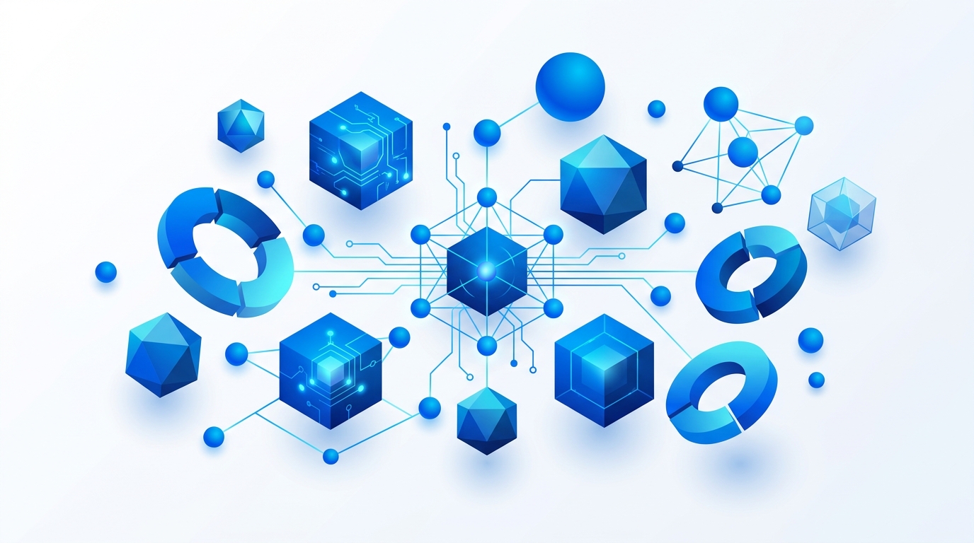 Digital transformation — abstract 3D shapes, connected nodes, representing technology and innovation